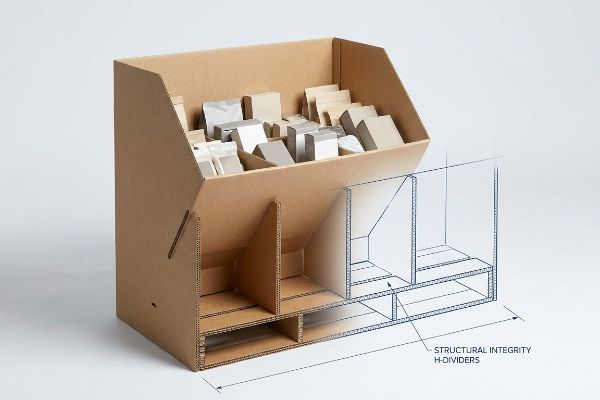 Corrugated dump bin display with product samples, featuring a blueprint overlay detailing Structural Integrity H-Dividers.
