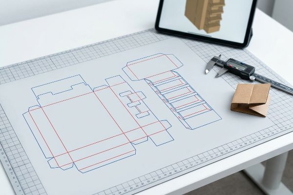 Paper with packaging die-cut templates, digital caliper, small corrugated box, and tablet showing 3D model.