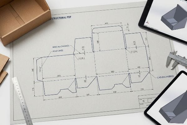 Structural PDF dieline blueprint with Bend Allowance and Fold Lines, dimensions, CAD-engineered 3D models on tablets, and caliper.