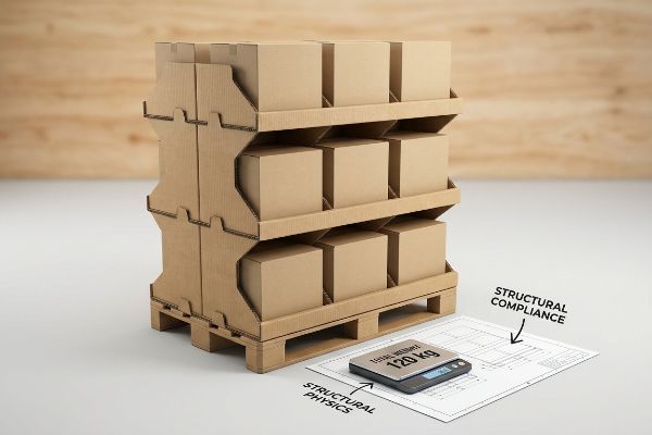 Expositor de papelão ondulado com caixas de 120 kg, demonstrando Física Estrutural e Conformidade Estrutural por meio de planta e balança digital.
