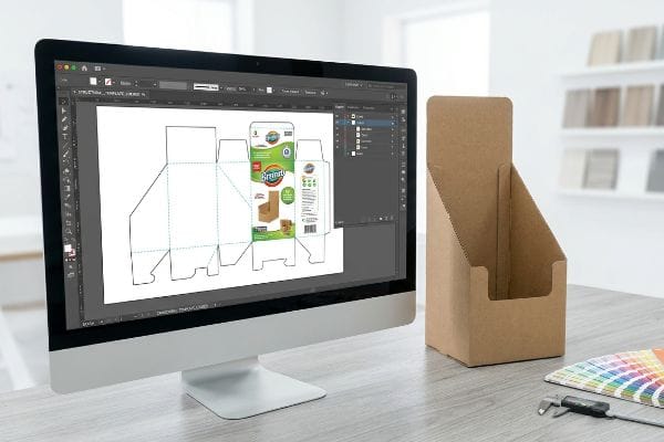 Auf einem Computerbildschirm ist eine Strukturvorlage für ein Brannu-Reinigungsprodukt in einer Designsoftware zu sehen, daneben ein Prototyp eines braunen Pappaufstellers.