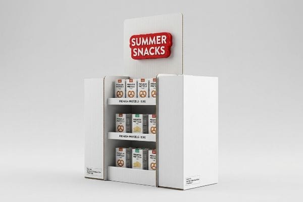 White corrugated cardboard end cap display featuring a red 3D Summer Snacks sign and Premium Pretzels.