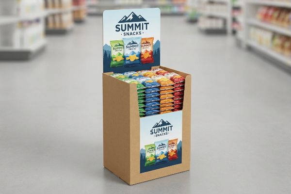 Brown corrugated cardboard dump bin display with Summit Snacks chip bags, branded header, and front panel in a retail aisle.