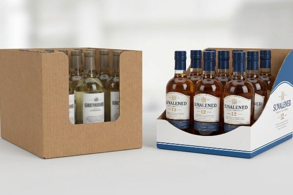 Corrugated PDQ box for Greykiene bottles and a white, blue Sunalened 12 retail-ready display with a die-cut lip for product visibility.