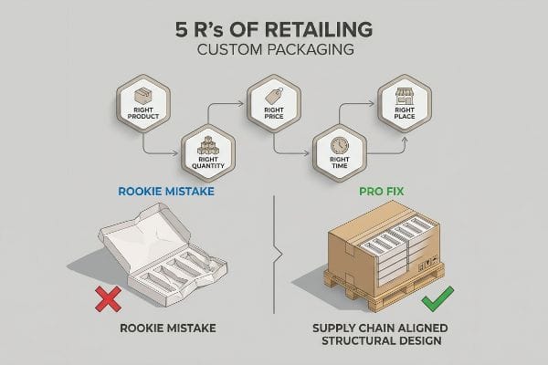 An infographic on 5 R's of Retailing Custom Packaging, showing a rookie mistake empty box versus a pro fix supply chain aligned shipping box on a pallet.