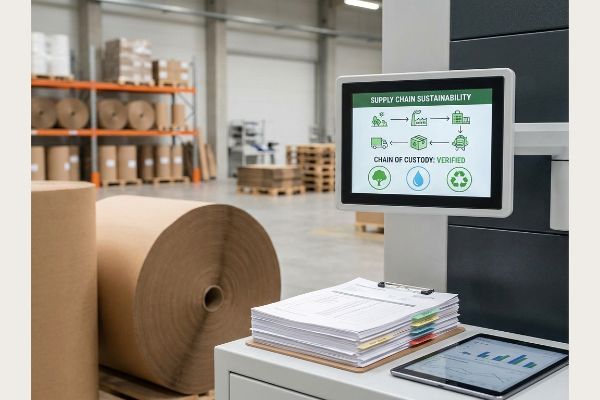 Large kraft paper rolls in a factory, with a monitor showing