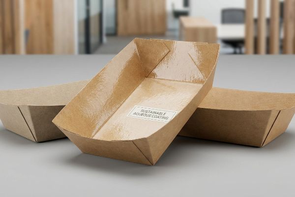 Brown cardboard food-grade trays, one with a glossy interior and 'Sustainable Aqueous Coating' label, for sustainable packaging.