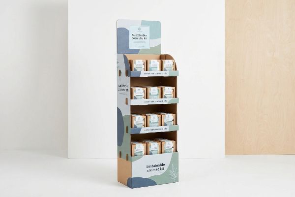 A corrugated cardboard FSDU displays numerous 