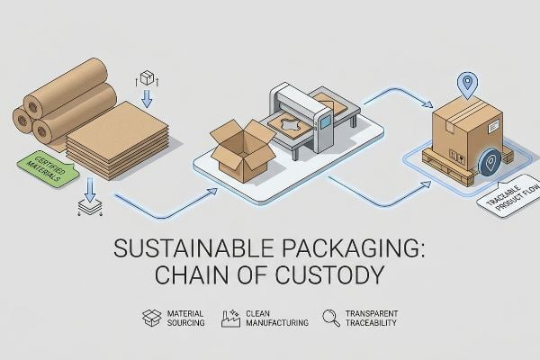 Certified materials, including cardboard rolls and sheets, flow through clean manufacturing to a traceable product, illustrating sustainable packaging chain of custody.