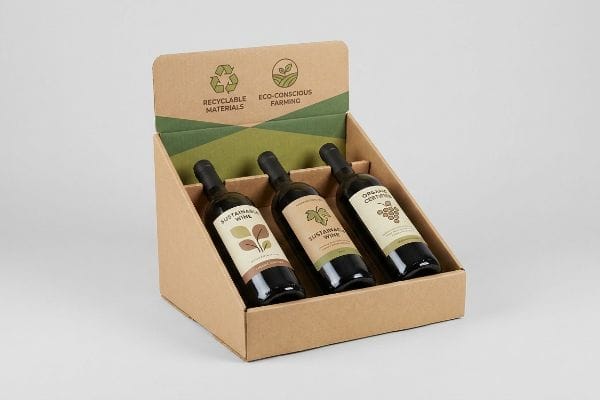 Brown corrugated retail display for Sustainable Wine bottles, featuring