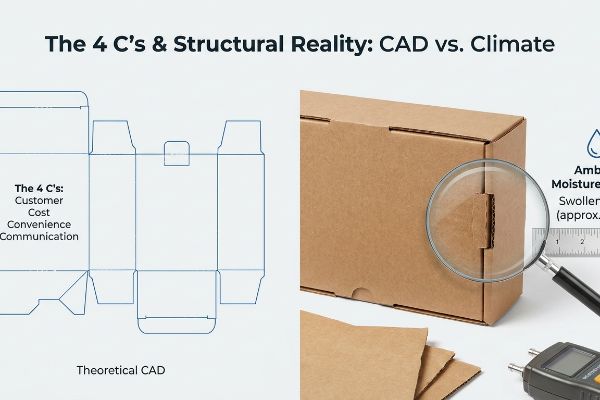 Theoretical CAD dieline vs. assembled corrugated box, showing magnified swollen locking tab (0.11 inches / 2.79 mm) from ambient moisture, illustrating 'The 4 C's' and 'Structural Reality: CAD vs. Climate'.