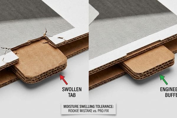 Corrugated cardboard comparison shows a Swollen Tab vs. an Engineered Buffer, highlighting Moisture Swelling Tolerance: Rookie Mistake Vs. Pro Fix.