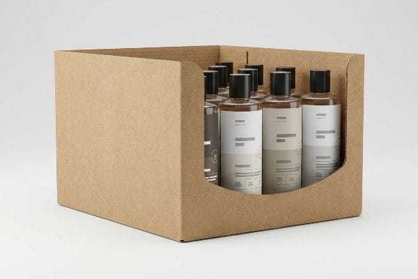Plateau en carton ondulé brun, prêt à la vente, avec un rebord avant découpé et incurvé, présentant plusieurs bouteilles transparentes à bouchons noirs pour une visibilité maximale du produit.