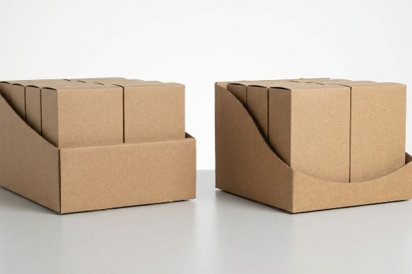 茶色の段ボール製ディスプレイトレイ。縁が曲線を描くように型抜きされており、小型の小売用ボックスを収納することで、製品の視認性を最大限に高めています。.