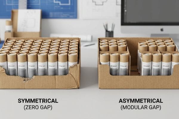 Corrugated cardboard trays display 'Generic' products: one Symmetrical (Zero Gap) and one Asymmetrical (Modular Gap).