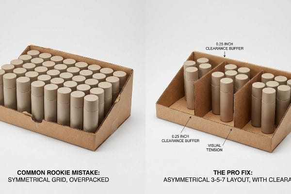 A brown corrugated cardboard tray overpacked with cylindrical products in a dense, symmetrical grid, labeled 'Common Rookie Mistake'.