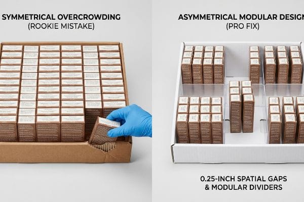 Brown corrugated display, Symmetrical Overcrowding Rookie Mistake, versus white Asymmetrical Modular Design Pro Fix, 0.25-Inch Spatial Gaps.