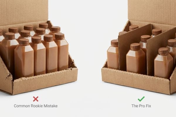 Corrugated display box with tightly packed brown bottles, marked 'Common Rookie Mistake', showing zero clearance and potential for tearing.