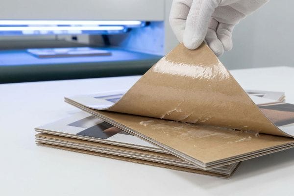 Gloved hand peeling a glossy brown sheet with tacky, uncured varnish from stacked display components, hinting at UV curing.