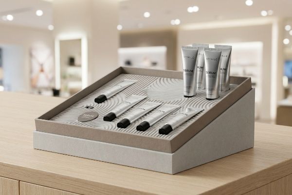 A light gray countertop display featuring a debossed wavy texture, presenting multiple silver Revulle Serum tubes with black caps.