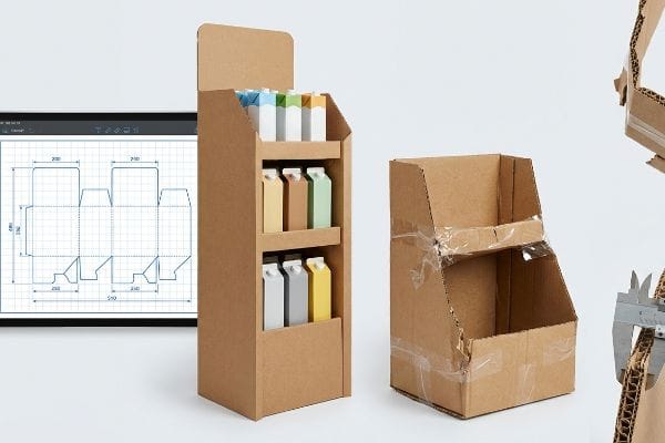 Brown corrugated countertop display with colorful cartons, digital dieline, and a taped cardboard prototype, illustrating display engineering.
