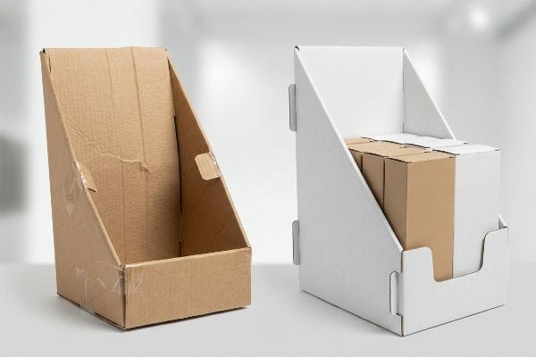 Cardboard Display Stands Two corrugated cardboard display stands: an empty kraft brown stand with tape, and a white stand holding small brown product boxes.