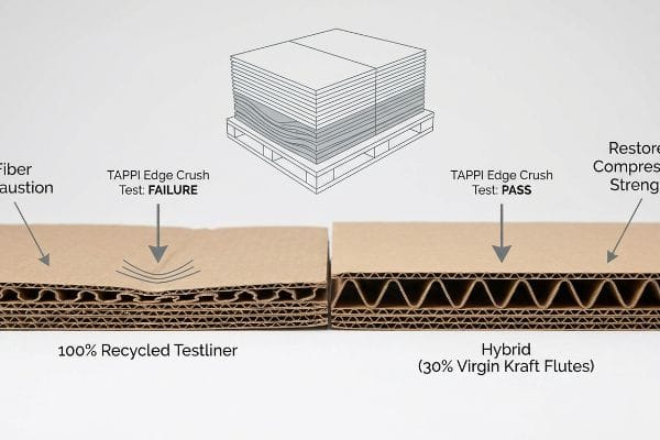 Corrugated board comparison showing 100% Recycled Testliner failing TAPPI Edge Crush Test due to fiber exhaustion, versus Hybrid (30% Virgin Kraft Flutes) passing.