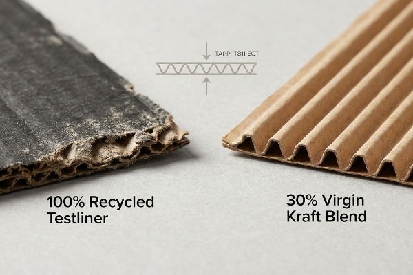Rough 100% Recycled Testliner next to smooth 30% Virgin Kraft Blend corrugated board, showing TAPPI T811 ECT.
