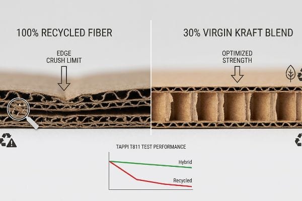 Comparaison des cartons ondulés : limite d’écrasement des bords du carton 100 % fibres recyclées contre résistance optimisée du mélange Kraft vierge à 30 %, avec graphique de performance TAPPI T811.
