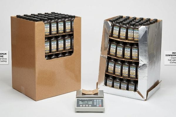 Brown 32ECT POP display with gloss coating next to collapsed 26ECT foil-laminated unit, 'Tappi T811 Failed' on scale.