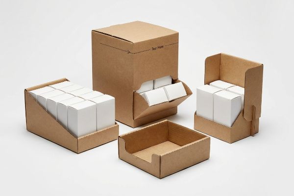 Brown cardboard display packaging, including a tear-away perforated carton dispensing white boxes, an open-top tray, and a two-piece display case.