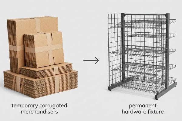 Corrugated vs Hardware Fixture Flat-packed Temporary Corrugated Merchandisers next to a metal grid Permanent Hardware Fixture, comparing display types.
