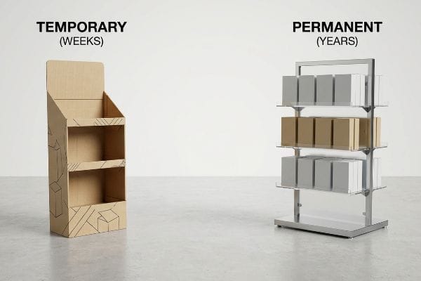 Comparing two retail POP displays, a brown corrugated cardboard Temporary display (Weeks) with geometric patterns on the left, and a silver metal and clear acrylic Permanent display (Years) filled with white and brown product boxes on the right.