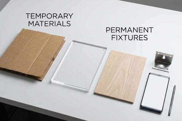 A white table displays Temporary Materials like corrugated cardboard and acrylic, contrasted with Permanent Fixtures including wood, a metal bracket, and a smartphone.
