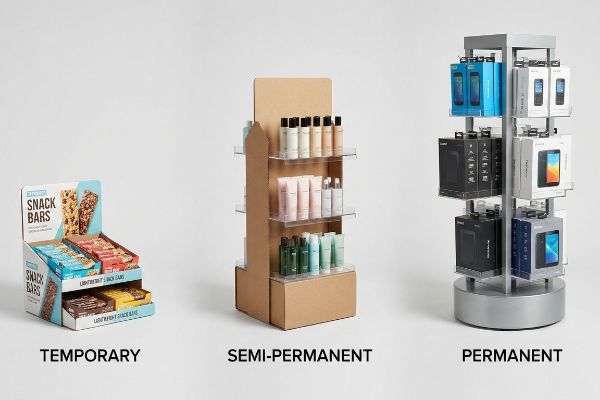 Temporary cardboard Snack Bars display, Semi-Permanent cosmetic unit, and Permanent metal electronics spinner showcase three retail display types.