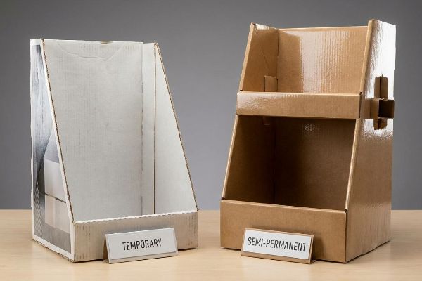 Two cardboard POP displays, one white Temporary micro-flute and one brown Semi-Permanent virgin kraft, illustrate material differences.