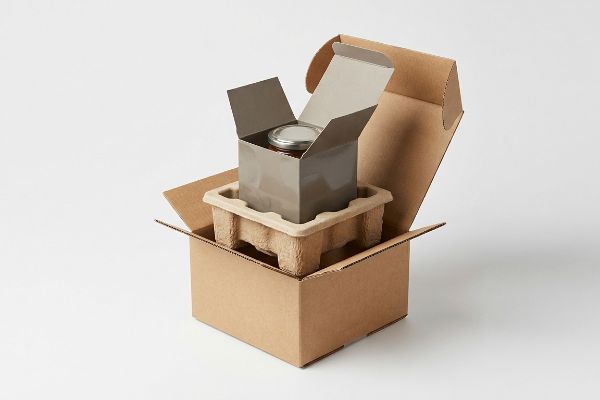 Brown corrugated shipping box, molded pulp insert, cradling open grey secondary carton holding primary container jar.