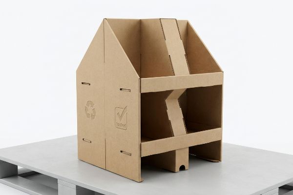 An empty, Walmart-ready corrugated cardboard display stand featuring a recycling symbol and 
