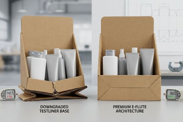 Corrugated display comparison: 'Downgraded Testliner Base' with '142.5 FAIL' vs 'Premium E-Flute Architecture' with '360 PASS'.