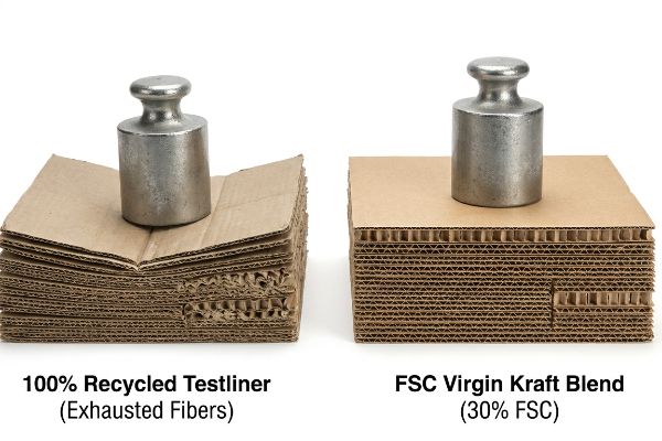 Brown corrugated cardboard stacks demonstrate compression strength. The left stack, labeled 