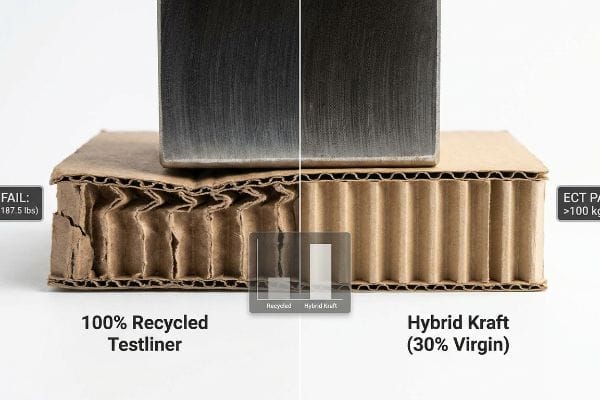 Crushed 100% Recycled Testliner (Fail: 187.5 Lbs) next to strong Hybrid Kraft (30% Virgin) in an ECT.