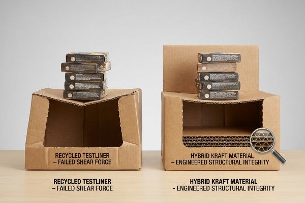 せん断力試験に失敗した再生材製テストライナーのカウンターディスプレイボックスと、構造的完全性の設計を実証したハイブリッドクラフト素材のボックスを対比させている。.