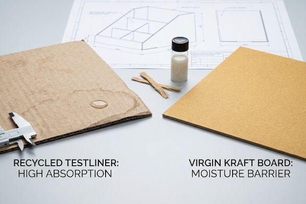 Recycled Testliner with water absorption contrasts Virgin Kraft Board's moisture barrier.