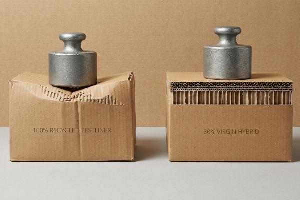 A silver weight crushes a '100% Recycled Testliner' box, contrasting with an intact '30% Virgin Hybrid' corrugated box under identical load.