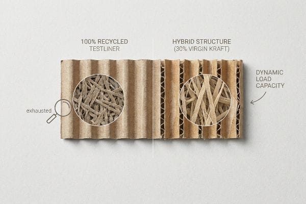Corrugated cardboard comparison: 100% Recycled Testliner with exhausted fibers vs. Hybrid Structure (30% Virgin Kraft) for dynamic load capacity.