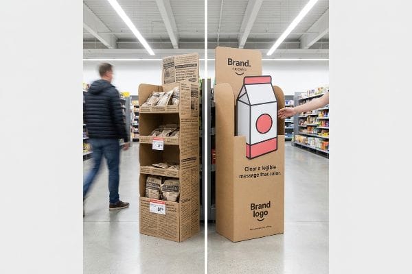 Corrugated POP displays: one with newspaper-style text, the other a 3D die-cut milk carton with 'Brand.' logo.