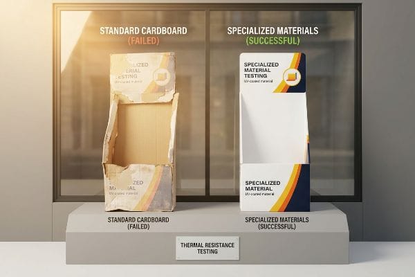 Thermal resistance testing compares a failed, crumpled Standard Cardboard display with a successful, pristine Specialized Materials UV-coated display.