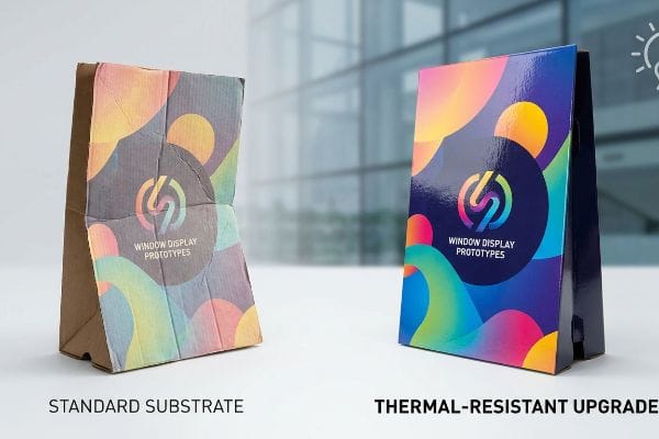 A warped, faded Standard Substrate window display prototype stands beside a pristine, glossy Thermal-Resistant Upgrade display, both branded "Window Display Prototypes".