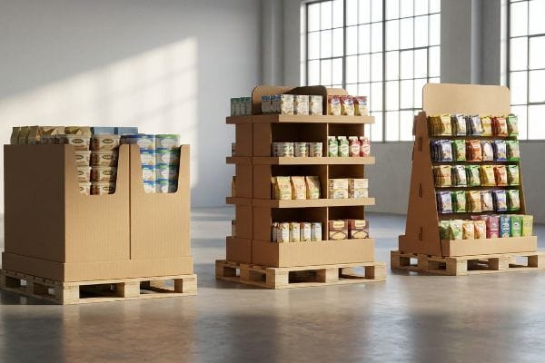 Présentoirs sur palettes en carton ondulé, comprenant des boîtes, des étagères multiples et des présentoirs à plusieurs niveaux, remplis de marchandises emballées sur des palettes en bois.