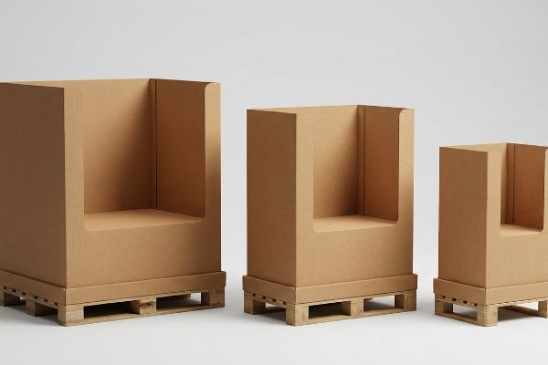 Brown corrugated cardboard display units, showing full, half, and quarter-pallet configurations on wooden pallets.